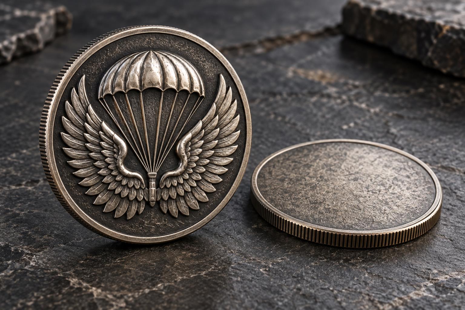 Parachute et ailes déployées en relief.